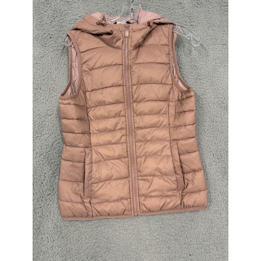 ONLY Quilted Puffer Vest Womens Small Pink Hooded Lightweight Warm Nylon Zip